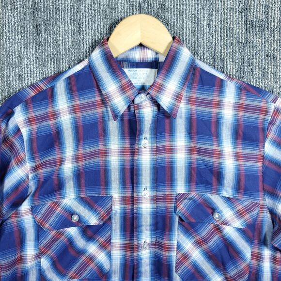 Vintage Sears Fieldmaster Shirt Mens Medium Blue Plaid Flannel Perma Prest 80s - Picture 3 of 14